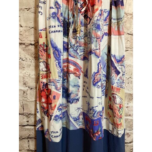 Peter Som Maxi Dress Womens Medium Blue Carribean Beach Scene Tie Back Halter - Picture 3 of 16